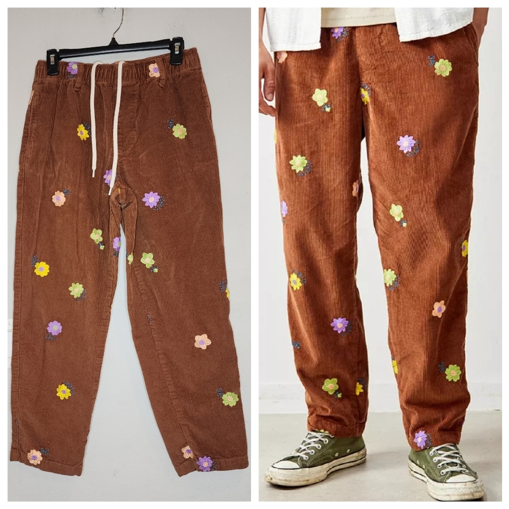 Urban Outfitters Floral Embroidered Brown Corduroy Drawstring Pants Unisex Small